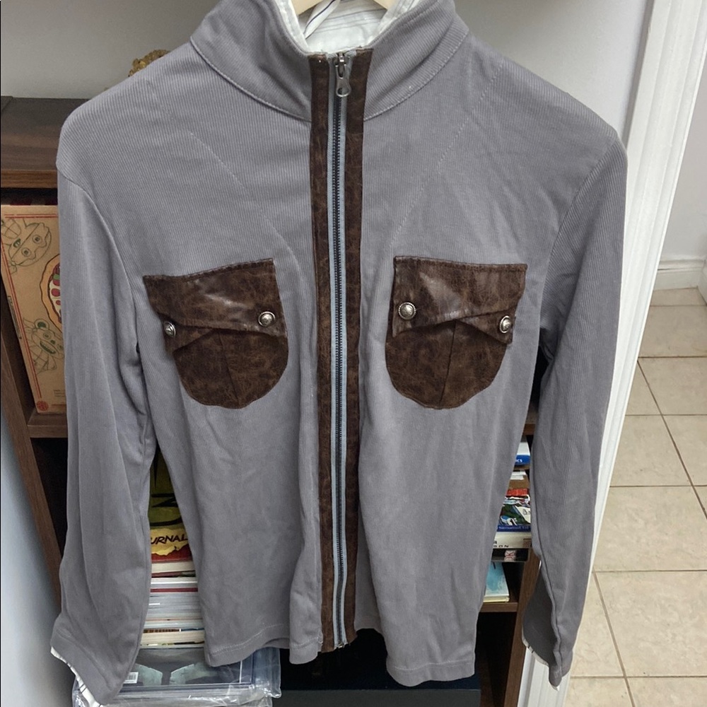 Asian 2 in 1 type Grey Shirt Jacket with Brown Accents Pockets
